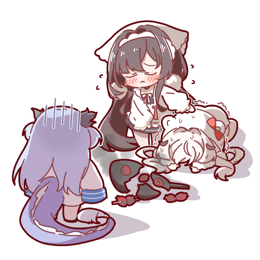 3girls, :<, azur_lane, black_hair, blue_hair, blush, chang_feng_(azur_lane), chibi