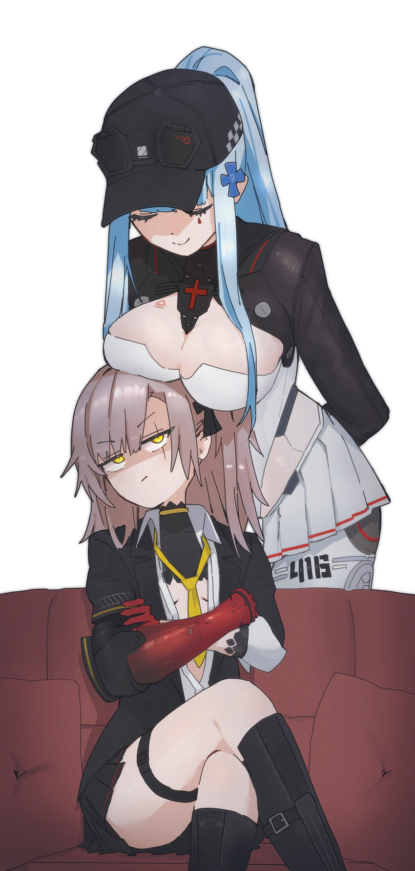 2girls, absurdres, annoyed, arms_behind_back, baseball_cap, black_boots, black_hat, black_jacket, blue_hair, boots, breast_envy, breast_rest, breasts, breasts_on_head, cleavage, closed_eyes, crossed_arms, dot_nose, facial_mark, girls'_frontline, girls'_frontline_2:_exilium, grey_hair, hair_ornament, hat, highres, hk416_(girls'_frontline), jacket, klukai_(girls'_frontline_2), klukai_(speed_star)_(girls'_frontline_2), large_breasts, leaning_forward, leva_(girls'_frontline_2), long_hair, mechanical_arms, multiple_girls, necktie, one_side_up, ponytail, rishe_(reeeeshe), scar, scar_across_eye, scar_on_face, shirt, single_mechanical_arm, smile, smug, tattoo, teardrop_facial_mark, teasing, thigh_strap, transparent_background, ump45_(girls'_frontline), unamused, white_shirt, yellow_eyes, yellow_necktie