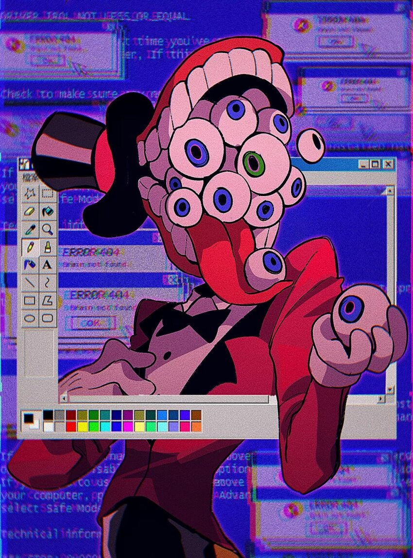 black_bow, black_bowtie, blue_background, blue_eyes, blue_screen_of_death, bow, bowtie, caine_(the_amazing_digital_circus)