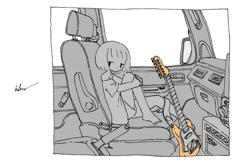 1girl, absurdres, car_interior, commentary, electric_guitar, from_side, greyscale, guitar, handbrake, highres, instrument, kaduise, knee_up, looking_at_viewer, looking_to_the_side, monochrome, off_shoulder, original, oversized_clothes, oversized_shirt, shirt, short_hair, short_sleeves, signature, sitting, spot_color