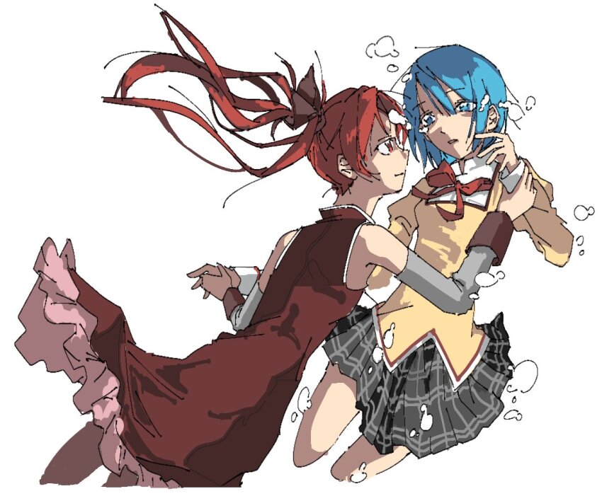 2girls, air_bubble, black_bow, black_skirt, blue_hair, bow, bowtie, bubble