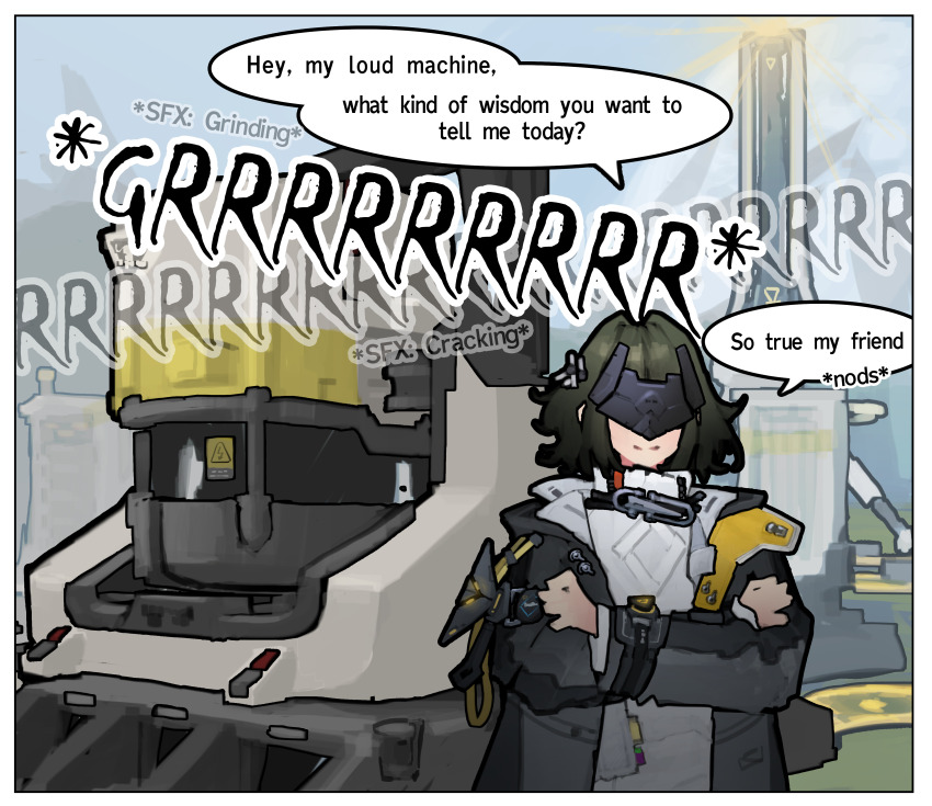 1girl, absurdres, arknights, arknights:_endfield, black_hair, crossed_arms, endministrator_(arknights), english_text