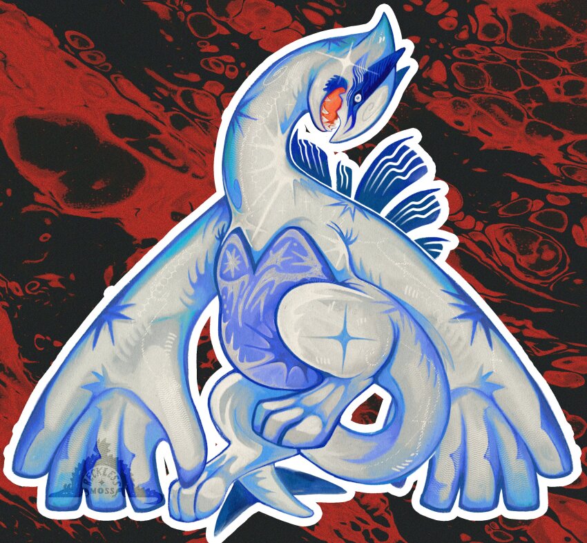 absurdres, animal_focus, fangs, gen_2_pokemon, highres, legendary_pokemon, looking_at_viewer, lugia, nintendo, no_humans, open_mouth, pokemon, pokemon_(creature), pokemon_focus, solo, tail, wings, wusdiswusdat