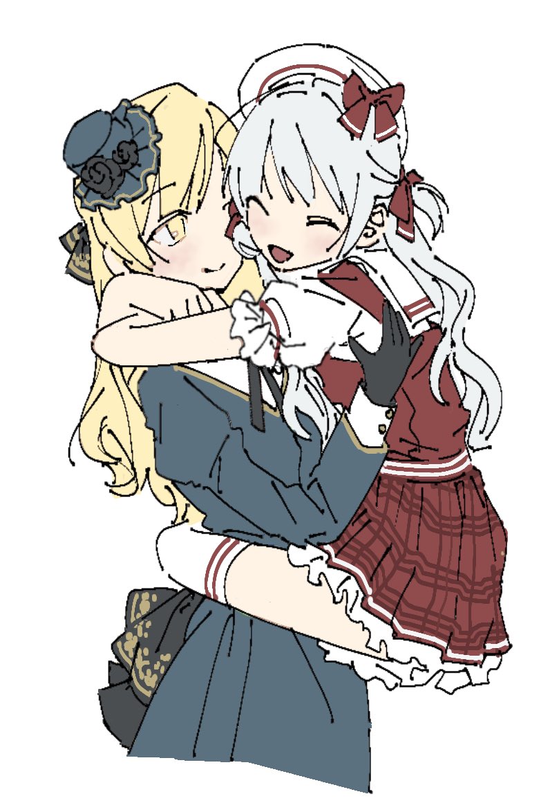 2girls, age_difference, arms_around_neck, black_bow, black_gloves, blonde_hair, blue_dress, bow, bowtie, carrying, closed_eyes, closed_mouth, commentary_request, dress, flower, frilled_dress, frills, gloves, hair_bow, hat, hat_flower, hug, korean_commentary, kyosaya_00, leg_lock, long_hair, long_sleeves, mahou_shoujo_madoka_magica, mahou_shoujo_madoka_magica:_hangyaku_no_monogatari, mahou_shoujo_madoka_magica_(anime), momoe_nagisa, multiple_girls, open_mouth, puffy_short_sleeves, puffy_sleeves, red_dress, short_sleeves, simple_background, smile, socks, tomoe_mami, white_background, white_hair, white_socks, yellow_eyes