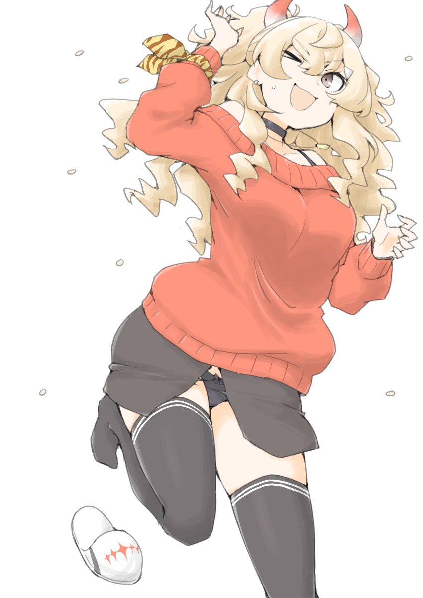 1girl, akara_kai, black_panties, black_skirt, black_thighhighs, blonde_hair, bow, bow_panties, breasts, commentary_request, gradient_horns, grey_eyes, hair_ornament, highres, horns, jewelry, kantai_collection, long_hair, looking_at_viewer, minneapolis_(kancolle), minneapolis_(setsubun)_(kancolle), multicolored_horns, off-shoulder_sweater, off_shoulder, official_alternate_costume, one_eye_closed, panties, red_sweater, sandals, setsubun, skirt, slippers, smile, solo, standing, standing_on_one_leg, sweater, thighhighs, two_side_up, underwear, unworn_slippers, wavy_hair, white_background