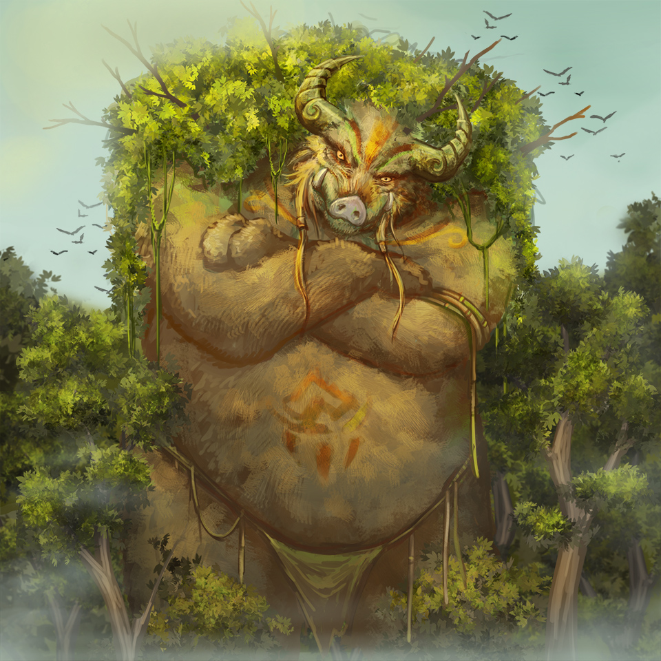 bird, crossed_arms, fangs, fog, forest, genjuu_hunter_illustration_contest, giant, hair_tubes, horns, loincloth, monster, nature, no_humans, solo, tree, tusks, wei_(pyukevin)