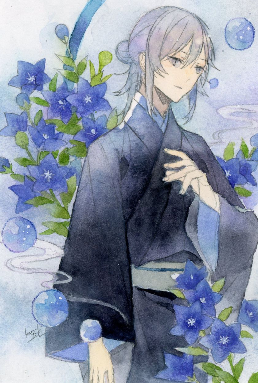 1other, androgynous, black_kimono, blue_eyes, check_gender, commentary_request, flower, gender_request, grey_hair, highres, hiwa04, japanese_clothes, kimono, obi, original, painting_(medium), plant_request, sash, traditional_media, watercolor_(medium)