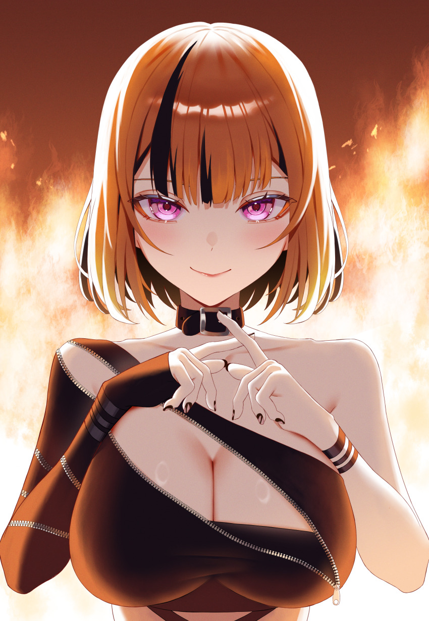 1girl, absurdres, bandeau, black_bandeau, black_collar, black_hair, black_nails, breasts