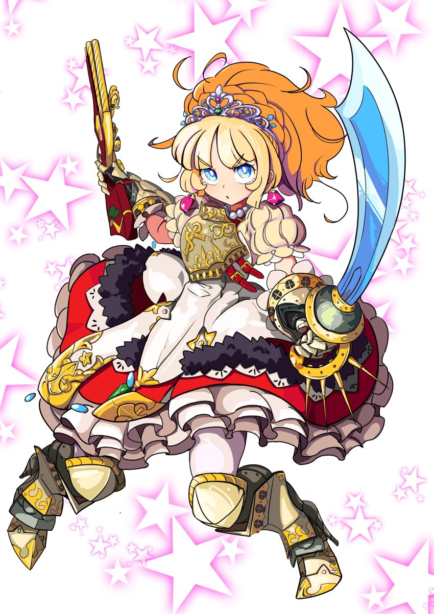 1girl, :o, absurdres, armor, armored_dress, blonde_hair, blue_eyes, boots, breastplate, commentary_request, dress, dual_wielding, earrings, etrian_odyssey, frilled_dress, frills, gauntlets, greaves, gun, high_heel_boots, high_heels, highres, holding, holding_gun, holding_sword, holding_weapon, jewelry, long_hair, misomaru, multiple_weapons, pantyhose, pirate_(sekaiju), princess, puffy_short_sleeves, puffy_sleeves, rifle, scimitar, sekaiju_no_meikyuu, sekaiju_no_meikyuu_3, short_sleeves, solo, sovereign_(sekaiju), sovereign_2_(sekaiju), subclass_(sekaiju), sword, tiara, weapon, white_pantyhose