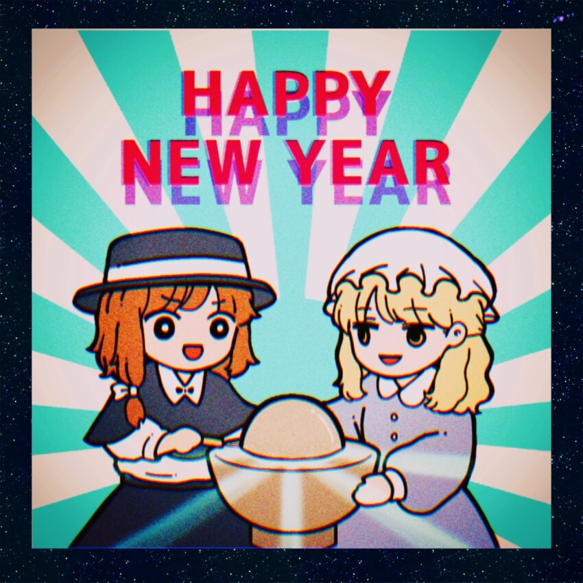 2girls, black_capelet, black_eyes, black_hat, black_skirt, blonde_hair, border, bow