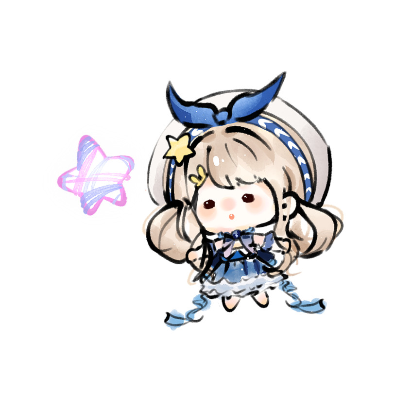 back_bow, bare_shoulders, barefoot, beret, black_eyes, blonde_hair, blue_bow, blue_bowtie