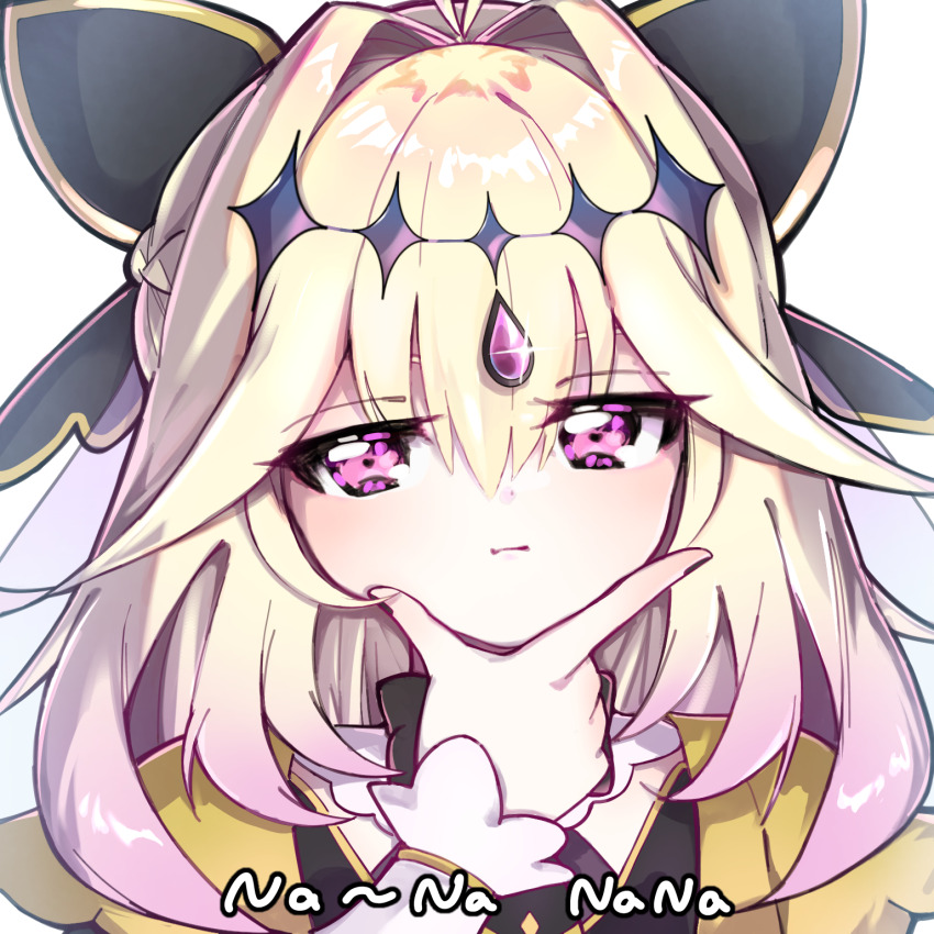 1girl, antenna_hair, black_bow, black_dress, black_necktie, blonde_hair, bow, braid, brooch, commentary_request, cure_arcana_shadow, dress, gradient_hair, hair_between_eyes, hair_intakes, hair_ornament, haruno_akichi, highres, jewelry, meitantei_precure!, moria_luluka, multicolored_hair, necktie, pink_eyes, precure