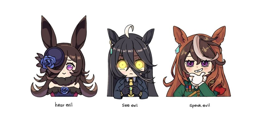 3girls, ahoge, aiguillette, animal_ears, ascot, bare_shoulders, black_coat, black_gloves, black_hair, black_shirt, blue_flower, blue_rose, blush, brown_hair, cape, chibi, closed_mouth, coat, collared_shirt, commentary, dress, ear_tag, earrings, english_commentary, english_text, epaulettes, flipped_hair, flower, frown, fur_choker, gloves, glowing, glowing_eyes, green_jacket, grin, hair_between_eyes, hair_over_one_eye, hat, hat_flower, horse_ears, horse_girl, jacket, jewelry, lili_(lilistration), long_bangs, long_hair, long_hair_between_eyes, long_sleeves, looking_at_viewer, manhattan_cafe_(creeping_shadow)_(umamusume), manhattan_cafe_(umamusume), medal, multicolored_hair, multiple_girls, necktie, off-shoulder_dress, off_shoulder, open_mouth, purple_eyes, red_cape, rice_shower_(rosy_dreams)_(umamusume), rice_shower_(umamusume), rose, shirt, side_cape, simple_background, single_earring, single_epaulette, smile, streaked_hair, symboli_rudolf_(emperor's_path)_(umamusume), symboli_rudolf_(umamusume), teeth, three_monkeys, tilted_headwear, umamusume, white_ascot, white_gloves, white_hair, yellow_eyes, yellow_necktie