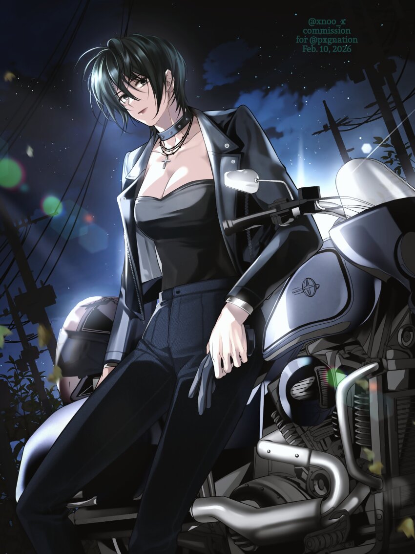 1girl, absurdres, black_gloves, black_hair, black_jacket, black_pants, black_shirt, breasts