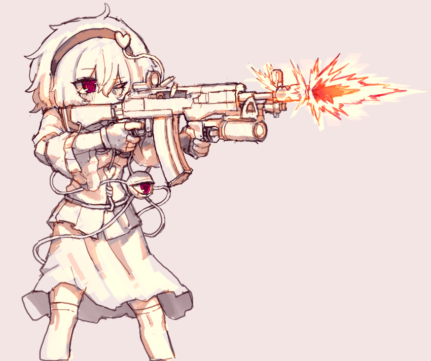 1girl, an-94, assault_rifle, blush, buttons, commentary, eyeball, fingerless_gloves, firing, frilled_sleeves, frills, gloves, gp-30, grenade_launcher, gun, hair_ornament, hairband, heart, heart-shaped_pupils, heart_button, heart_hair_ornament, highres, holding, holding_gun, holding_weapon, komeiji_satori, korean_commentary, long_sleeves, looking_through_scope, medium_hair, one_eye_closed, rampa93, red_eyes, rifle, scope, shirt, simple_background, skirt, solo, symbol-shaped_pupils, thighhighs, third_eye, touhou, underbarrel_grenade_launcher, weapon, wide_sleeves