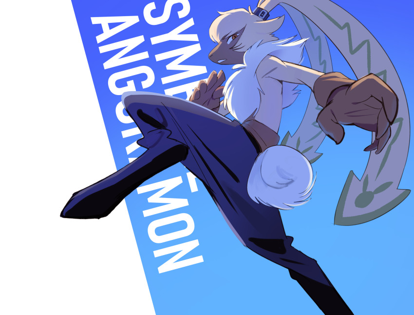 1boy, blue_background, body_fur, brown_eyes, brown_gloves, character_name, digimon, digimon_(creature)