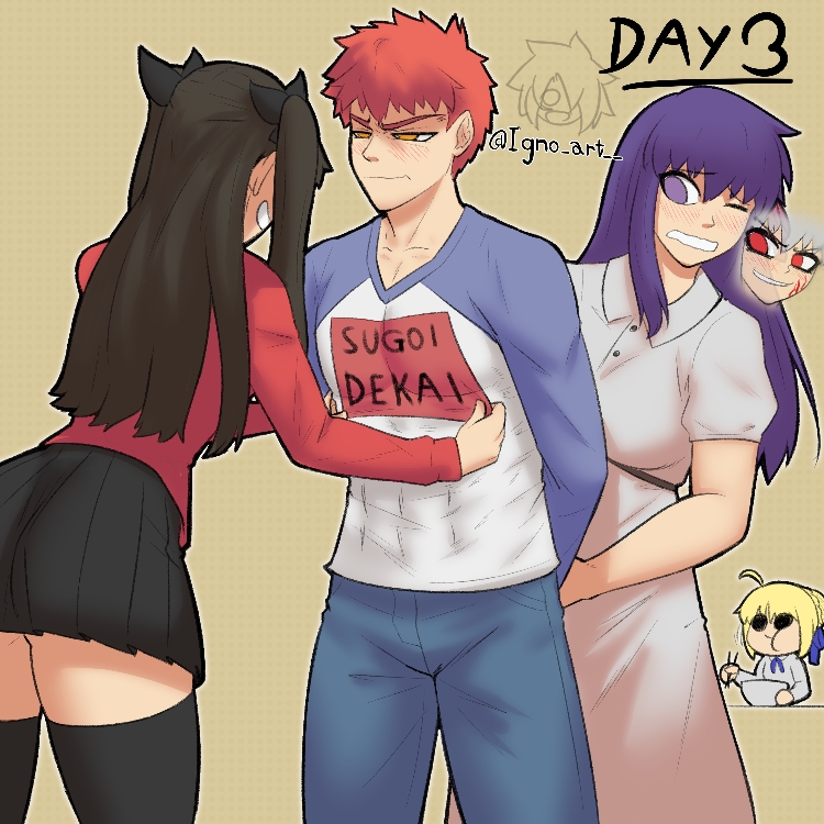 1boy, 3girls, ahoge, arms_behind_back, artist_name, artoria_pendragon_(fate), black_ribbon, black_skirt