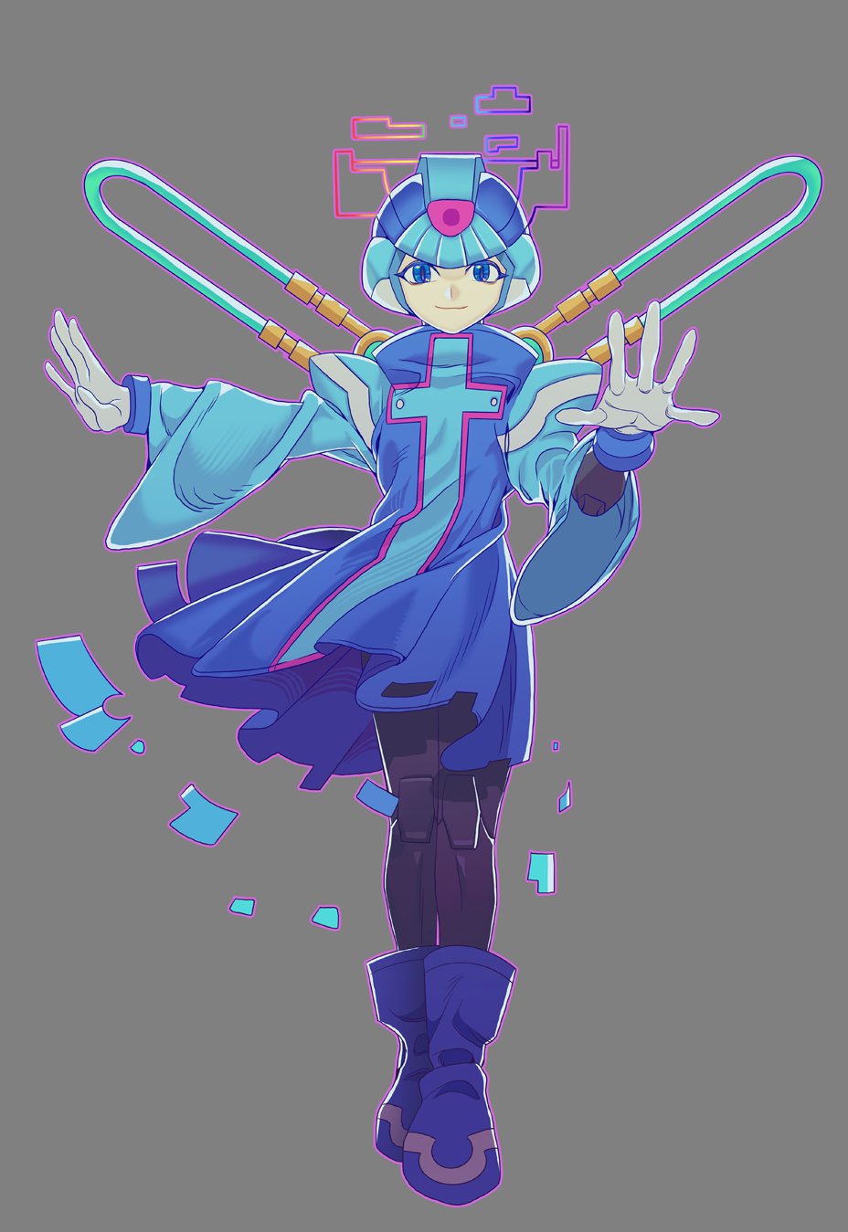 1boy, blue_eyes, blue_helmet, blue_robe, commentary_request, cyber_elf_x_(mega_man), forehead_jewel, full_body