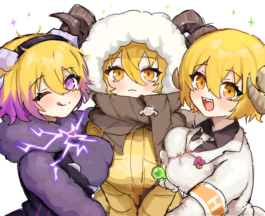 3girls, :3, armband, black_shirt, blonde_hair, breasts, brown_scarf, closed_mouth