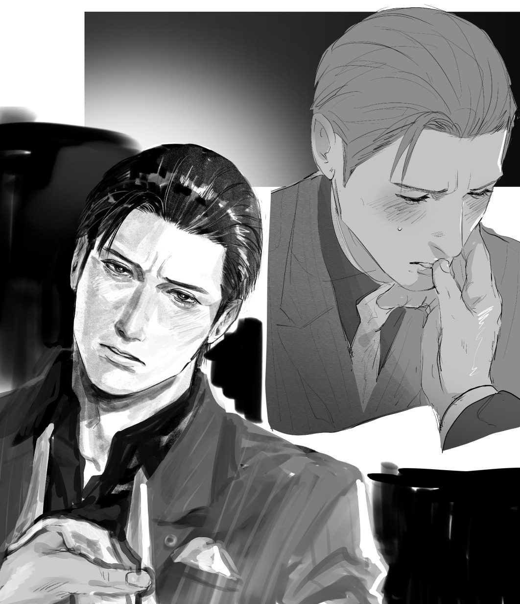 ahoge, blush, commentary_request, finger_to_another's_mouth, formal_clothes, greyscale, hair_slicked_back, highres