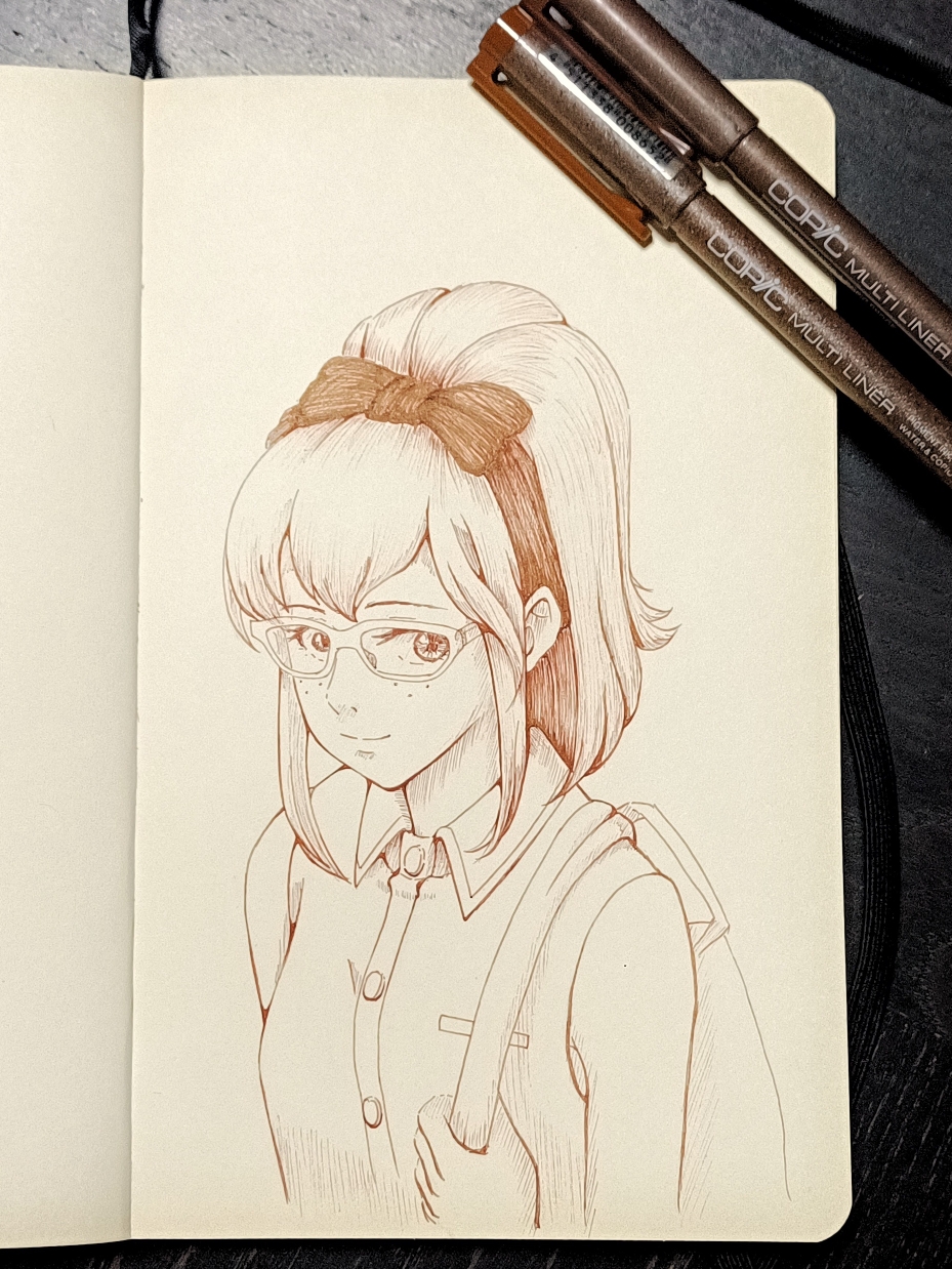 1girl, backpack, bag, bow, buttons, commentary_request, desosketch_(pixiv34424949), freckles