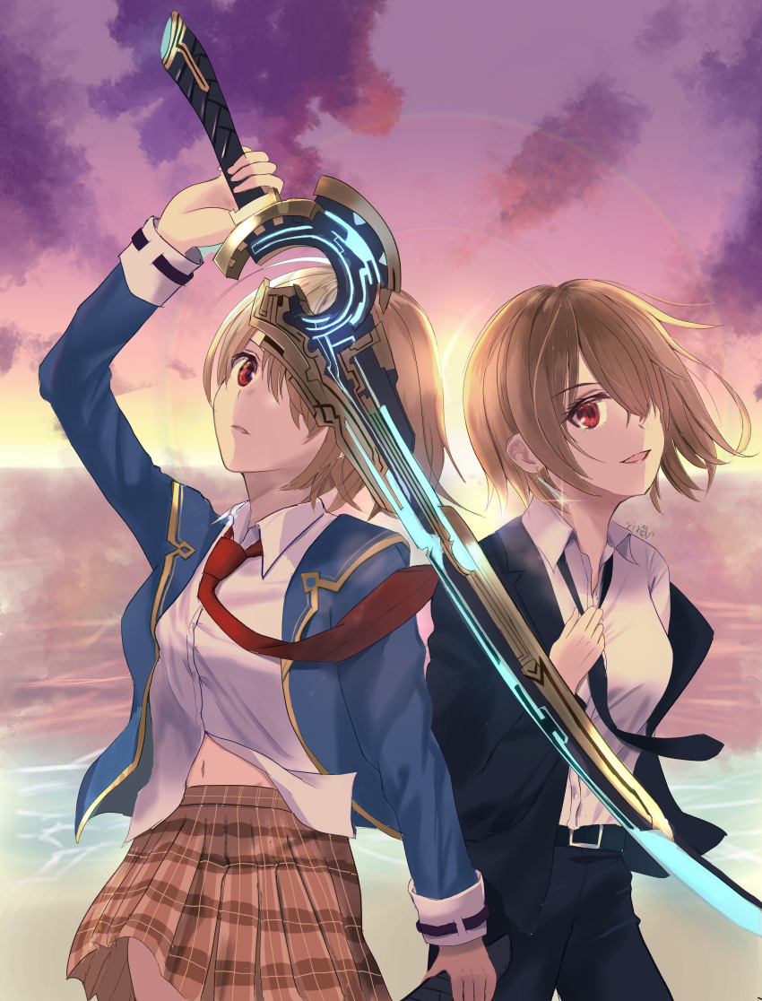 1girl, absurdres, adjusting_clothes, adjusting_necktie, beach, black_necktie, brown_hair, commentary_request