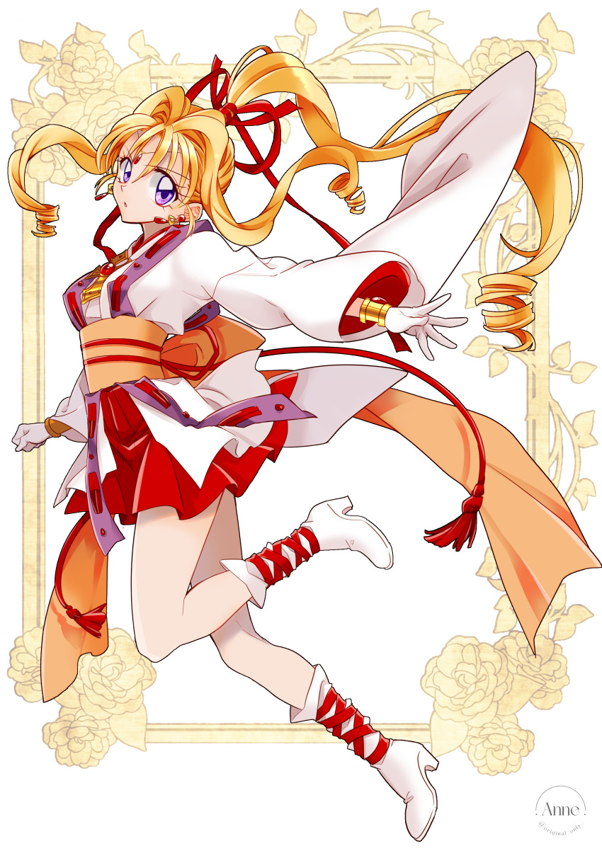 1girl, absurdres, back_bow, blonde_hair, boots, bow, commentary_request, earrings