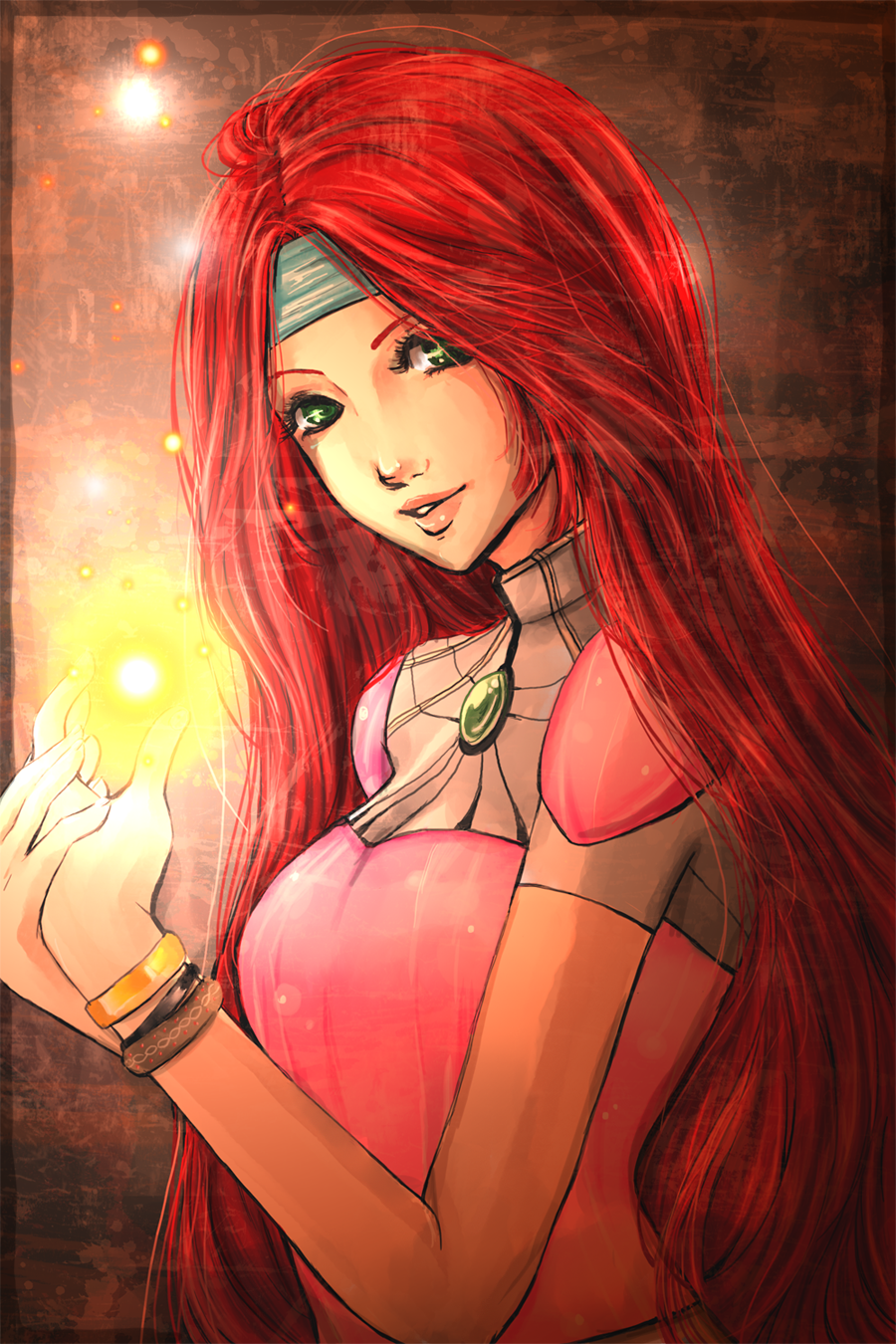 1girl, boobledeeboo, bracelet, breasts, elise_alkenridge, female_focus, forever's_end, gradient_background, green_eyes, highres, jewelry, long_hair, magic, red_hair, smile, solo, upper_body, very_long_hair