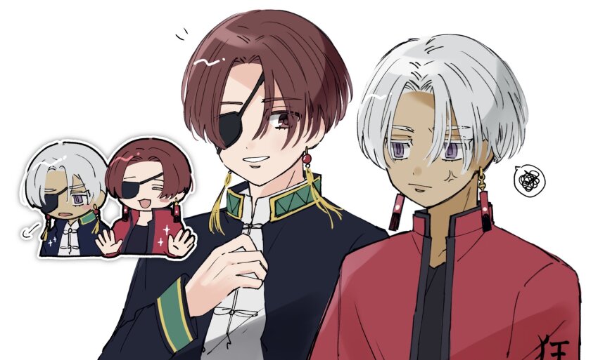 2boys, anger_vein, brown_hair, coat, colored_eyelashes, commentary_request, dark-skinned_male, dark_skin