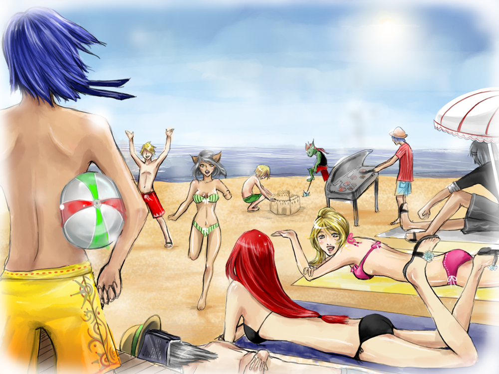 3girls, animal_ears, ass, ball, bandeau, barefoot, beach, beachball, beard, bikini, blonde_hair, boobledeeboo, book, breasts, building_sand_sculpture, cleavage, cooking, day, elise_alkenridge, elizabeth_elridge, facial_hair, feet, forever's_end, grey_hair, grill, grilling, hat, long_hair, medium_breasts, multiple_girls, nel, original, outdoors, parasol, red_hair, sand_castle, sand_sculpture, scenery, short_hair, side-tie_bikini_bottom, sky, small_breasts, striped_bikini, striped_clothes, swimsuit, tan, towel, umbrella