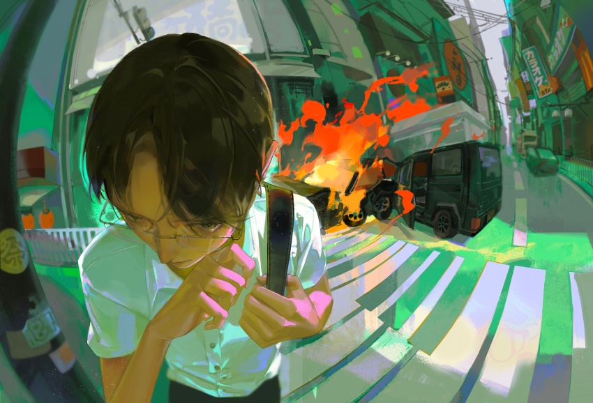 1boy, absurdres, black_hair, building, burning, burning_vehicle, cityscape, collared_shirt