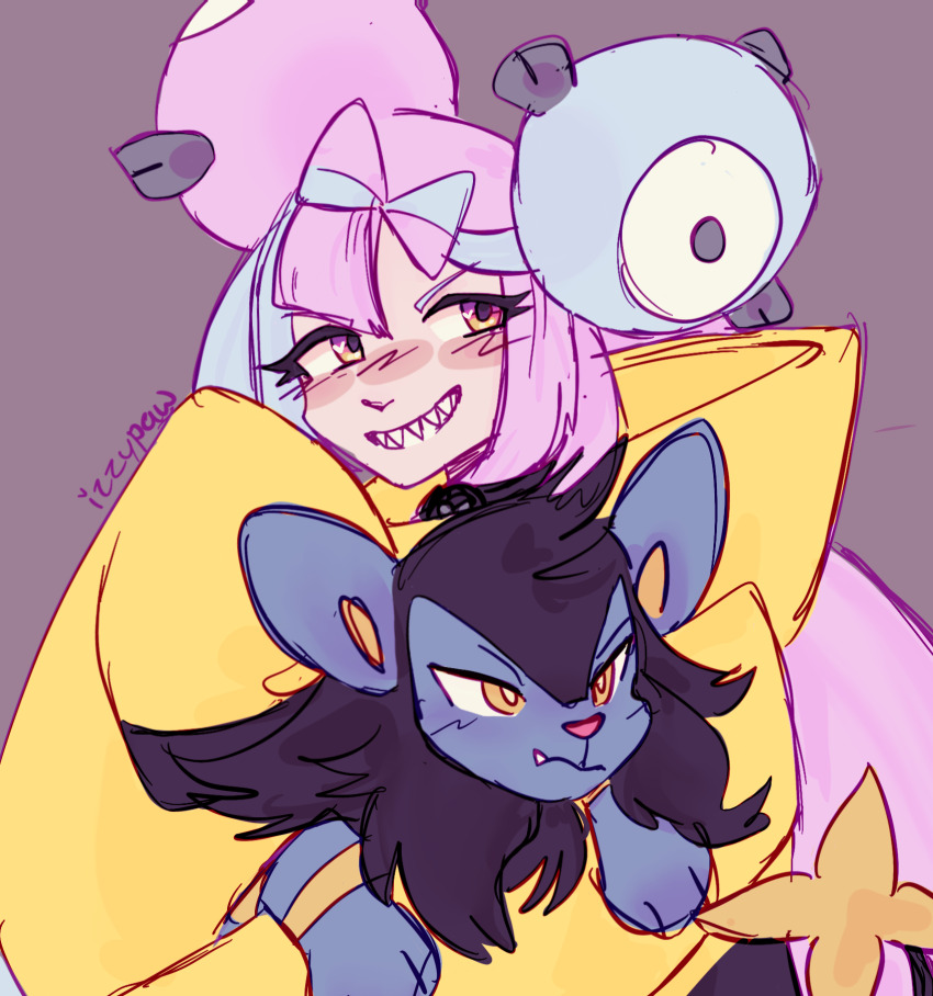1girl, artist_name, black_fur, blue_fur, blush, brown_background, gen_4_pokemon, grey_hair, grin, hair_ornament, highres, holding, holding_pokemon, iono_(pokemon), izzypaw, jacket, long_hair, looking_at_viewer, luxio, multicolored_hair, nintendo, pink_hair, pokemon, pokemon_(creature), pokemon_scarlet_and_violet, sharp_teeth, simple_background, smile, solo, tail, teeth, two-tone_fur, two-tone_hair, yellow_eyes, yellow_jacket
