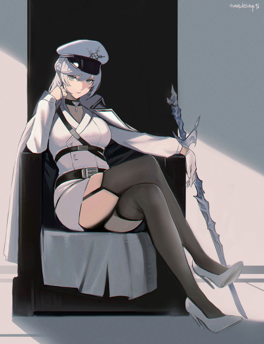 1girl, absurdres, artist_name, black_thighhighs, blue_eyes, breasts, buttons, cloak, collared_cloak, commission, cosplay, crossed_legs, double-breasted, dress, garter_straps, gloves, hat, high_heels, highres, kotone_montagne, large_breasts, long_hair, long_sleeves, looking_at_viewer, megami_tensei, military_hat, persona, persona_5, persona_5:_the_phantom_x, pixiv_commission, rapier, rwby, rwby_ice_queendom, shoes, short_dress, single_glove, sitting, skindentation, solo, swept_bangs, sword, thighhighs, tomatoketchup96, weapon, weiss_schnee, weiss_schnee_(cosplay), white_cloak, white_dress, white_gloves, white_hair, white_hat, white_shoes