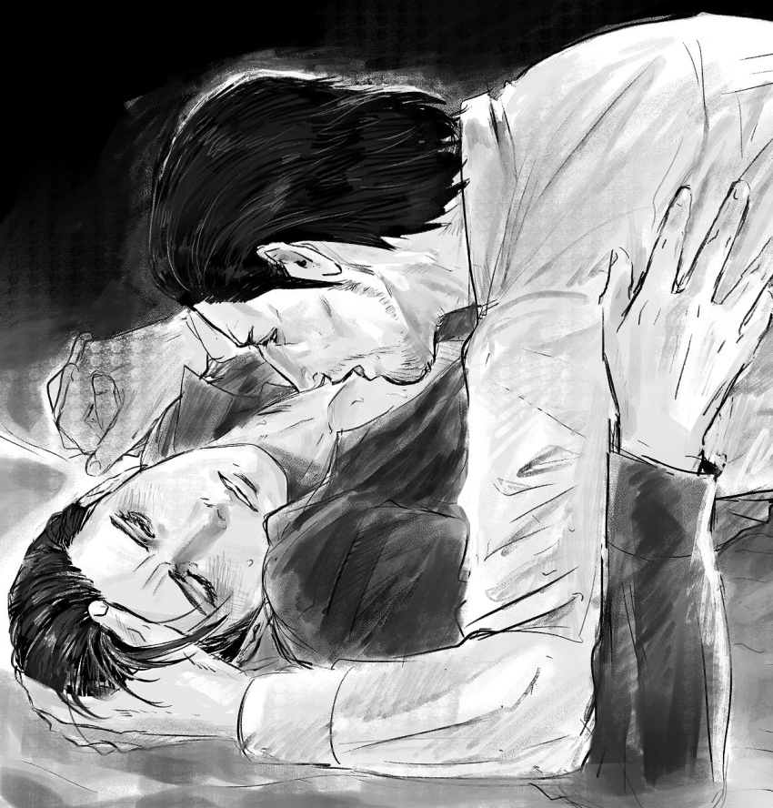 2boys, ahoge, beard, blush, commentary_request, dojima_daigo, facial_hair, greyscale