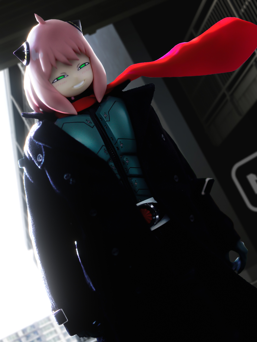 1girl, absurdres, anya's_heh_face_(meme), anya_(spy_x_family), armor, armored_bodysuit, arms_at_sides, black_bodysuit