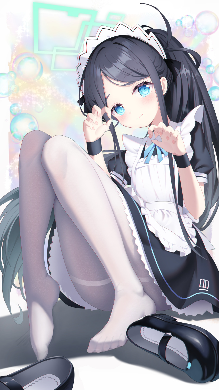 1girl, absurdres, air_bubble, apron, aqua_halo, aris_(blue_archive), aris_(maid)_(blue_archive), black_dress, black_hair, black_shoes, blue_archive, blue_eyes, blue_ribbon, blush, borrowed_clothes, bubble, chaoji_da_yuwan, chinese_commentary, chromatic_aberration, claw_pose, closed_mouth, collared_dress, commentary_request, contrast_collar, convenient_leg, dress, feet, frilled_apron, frills, full_body, halo, hands_up, head_tilt, highres, knees_together_feet_apart, knees_up, long_hair, long_sidelocks, looking_at_viewer, maid, maid_apron, maid_headdress, mary_janes, neck_ribbon, no_shoes, official_alternate_costume, official_alternate_hairstyle, pantyhose, parted_bangs, petticoat, ponytail, puffy_short_sleeves, puffy_sleeves, rectangular_halo, ribbon, shadow, shoes, short_sleeves, sidelocks, sitting, solo, split_mouth, thighband_pantyhose, toes, unworn_shoes, very_long_hair, white_apron, white_pantyhose, wristband