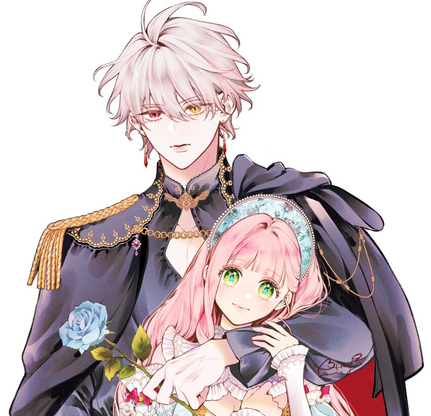 1boy, 1girl, absurdres, ahoge, antenna_hair, arm_around_shoulder, b_etty01tm, bare_shoulders