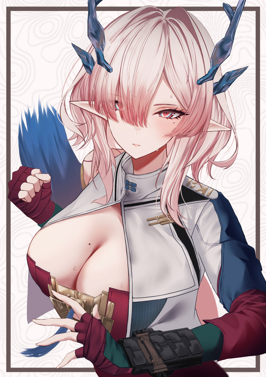 1girl, absurdres, arknights, arknights:_endfield, blue_horns, breasts, cleavage, clenched_hand