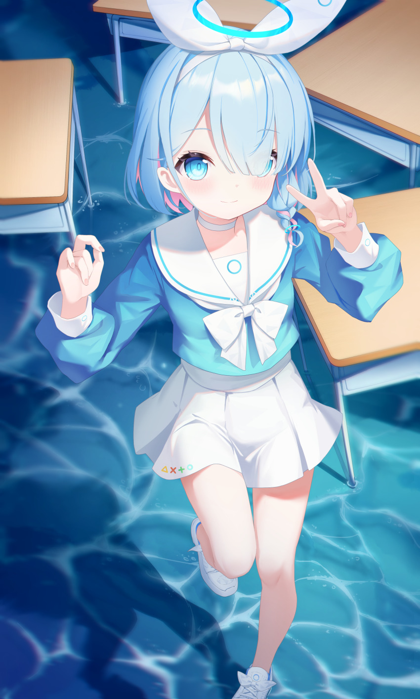 1girl, absurdres, arona_(blue_archive), blue_archive, blue_eyes, blue_hair, blue_halo, blue_shirt