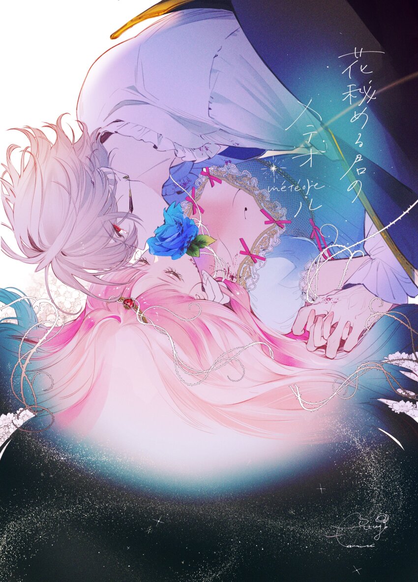 1boy, 1girl, absurdres, b_etty01tm, blood, blood_on_hands, blood_on_shoulder, blue_dress