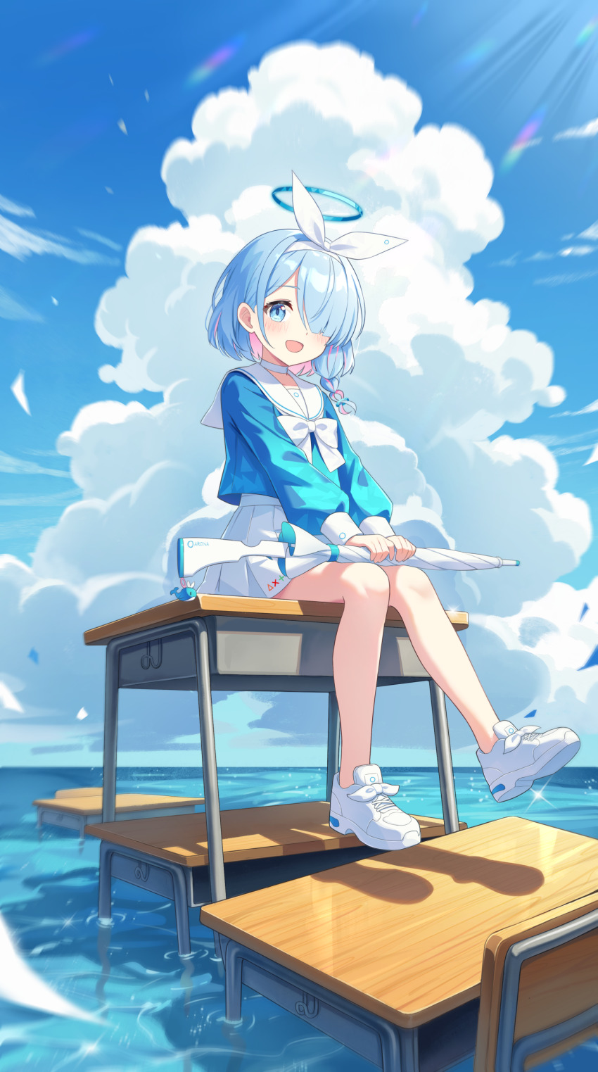 1girl, :d, absurdres, arona_(blue_archive), blue_archive, blue_eyes, blue_hair, blue_halo