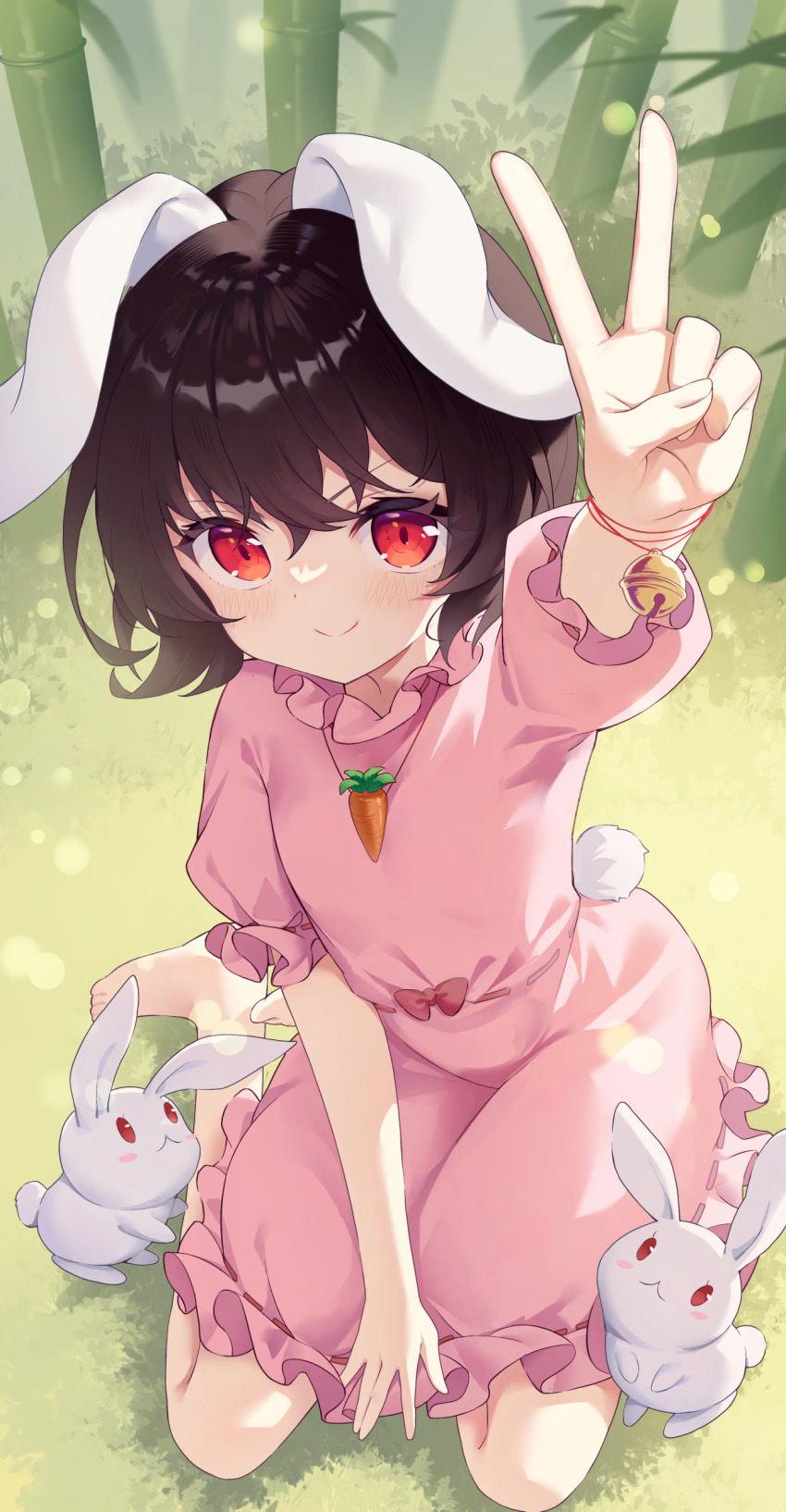 1girl, absurdres, animal, animal_ears, arm_up, bamboo, bamboo_forest, barefoot