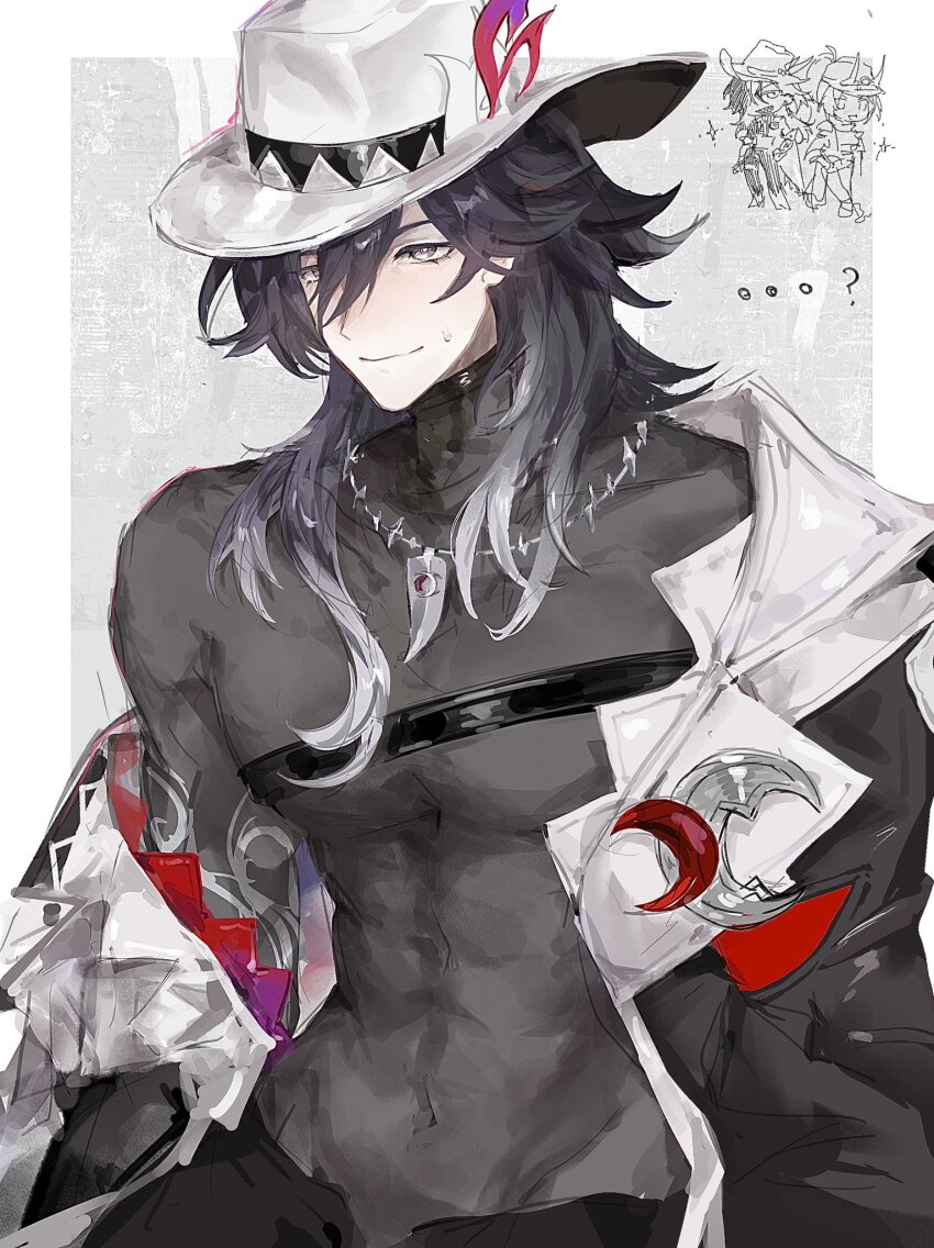 ...?, 1boy, ashveil_(honkai:_star_rail), badge, black_hair, boothill_(honkai:_star_rail), covered_navel, crescent