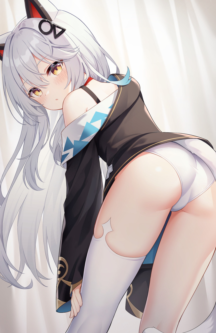 1girl, absurdres, animal_ears, ass, black_jacket, blue_streaks, blush, bra_strap, cat_ears, cat_tail, chaoji_da_yuwan, chinese_commentary, choker, circle_hair_ornament, commentary, double-parted_bangs, feet_out_of_frame, from_behind, hair_between_eyes, hair_ornament, hand_on_own_leg, highres, jacket, leaning_forward, long_hair, long_sleeves, looking_at_viewer, looking_back, multicolored_hair, original, panties, parted_lips, red_choker, sidelocks, single_bare_shoulder, single_off_shoulder, single_thighhigh, solo, streaked_hair, tail, thighhighs, triangle_hair_ornament, turning_head, underwear, very_long_hair, white_hair, white_panties, white_thighhighs, yellow_eyes
