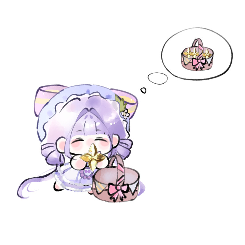 1girl, ^_^, absurdly_long_hair, apron, barefoot, basket, bling_(infinity_nikki), blunt_bangs