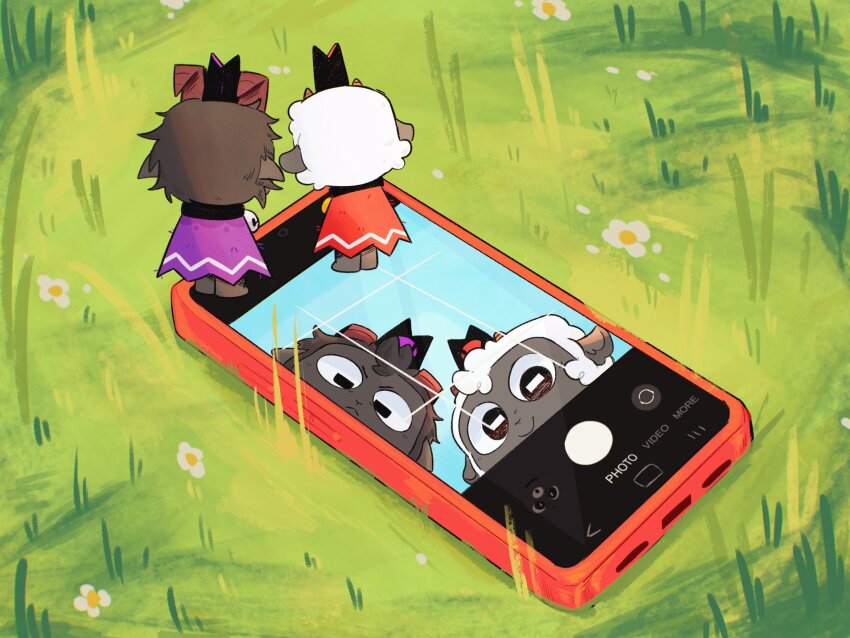 1boy, 1girl, animal_ears, cape, closed_mouth, cult_of_the_lamb, cuppo_(cupsiie), figures_taking_selfie_(meme)