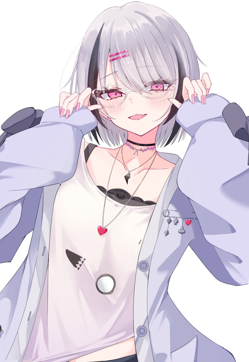 1girl, asumi_sena, asumi_sena_(5th_costume), black_choker, black_hair, blush, choker, commentary_request, fang, glasses, grey_hair, hair_ornament, hairclip, heart, heart_necklace, highres, if_(ify_cappuccino), jacket, jewelry, looking_at_viewer, medium_hair, multicolored_hair, necklace, open_clothes, open_jacket, open_mouth, pink_eyes, pink_nails, shirt, skin_fang, solo, streaked_hair, t-shirt, two-tone_hair, virtual_youtuber, vspo!, white_background, white_shirt