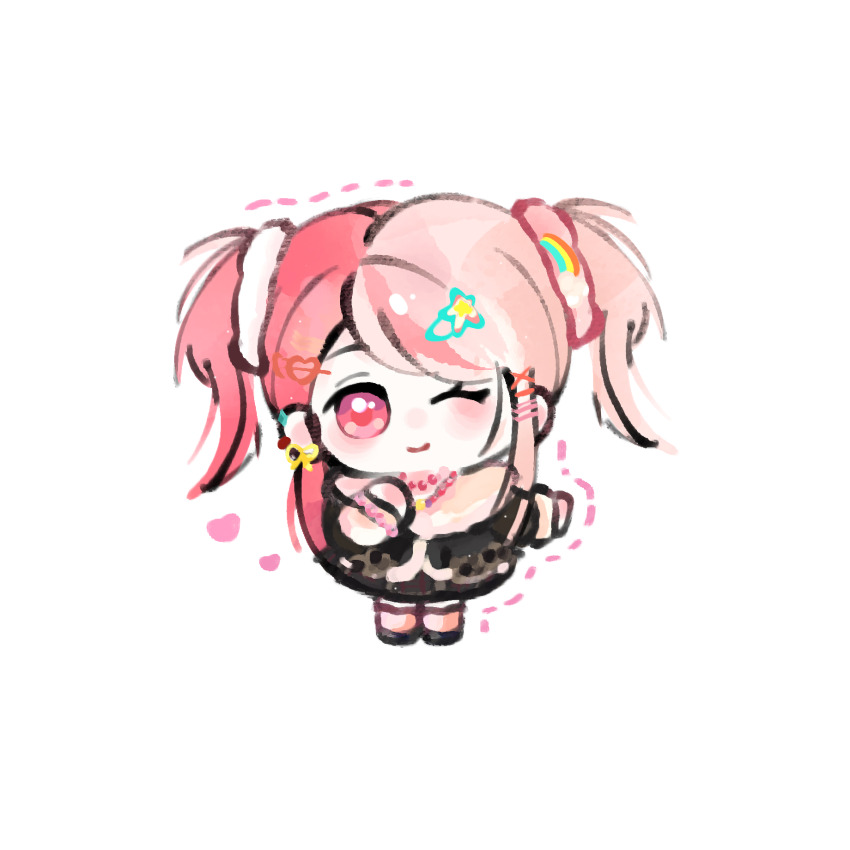 1girl, bead_necklace, beads, black_jacket, black_shoes, black_skirt, chibi, chinese_commentary