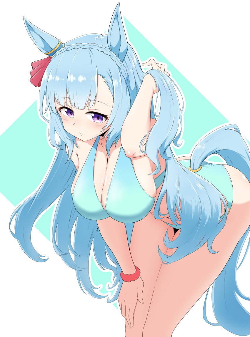 1girl, absurdres, animal_ears, ass, azusa_(azusa0325), bare_shoulders, bikini, blue_bikini, blue_hair, blush, braid, breasts, cleavage, collarbone, commentary_request, crown_braid, ear_ornament, hand_in_own_hair, highres, horse_ears, horse_girl, horse_tail, large_breasts, leaning_forward, long_hair, mejiro_ardan_(umamusume), parted_lips, purple_eyes, scrunchie, solo, swimsuit, tail, umamusume, wrist_scrunchie
