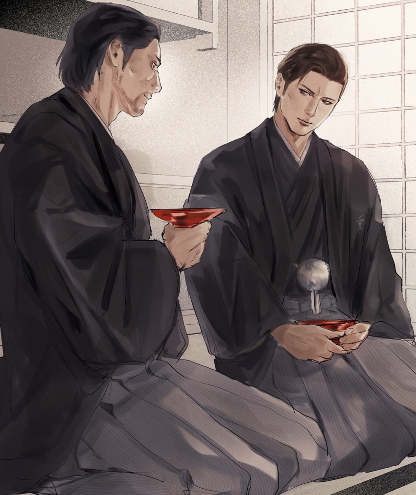 2boys, ahoge, alcohol, beard, black_hair, black_haori, brown_hair, commentary_request, cup, dojima_daigo, facial_hair, grey_hakama, hair_slicked_back, hakama, haori, haori_himo, highres, japanese_clothes, kimono, looking_at_another, male_focus, mine_yoshitaka, montsuki, mullet, multiple_boys, ryuu_ga_gotoku_(series), ryuu_ga_gotoku_3, sakazuki, sake, smile, striped_hakama, tyag53, vertical-striped_hakama, wedding, yaoi
